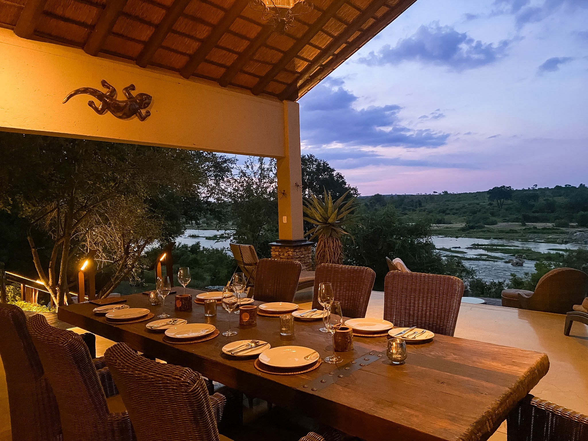 Patio lounge area with river-facing seating